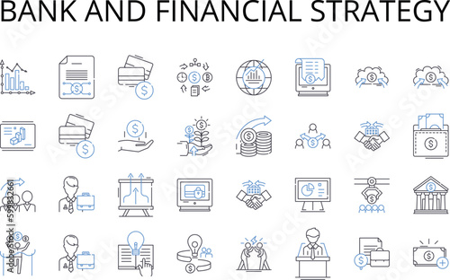 Bank and financial strategy line icons collection. Financial institution, Investment plan, Asset management, Credit union, Financial planning, Investment strategy, Savings plan vector and linear