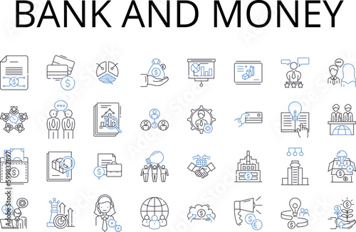 Bank and money line icons collection. Financial institution, Cash, Finance, Wealth, Capital, Investment, Fund vector and linear illustration. Currency,Savings,Deposit outline signs set