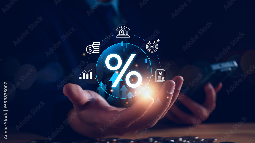Interest rate and dividend concept. Businessman with percentage symbol and up arrow, Interest rates continue to increase, return on stocks and mutual funds, long term investment for retirement. - obrazy, fototapety, plakaty 
