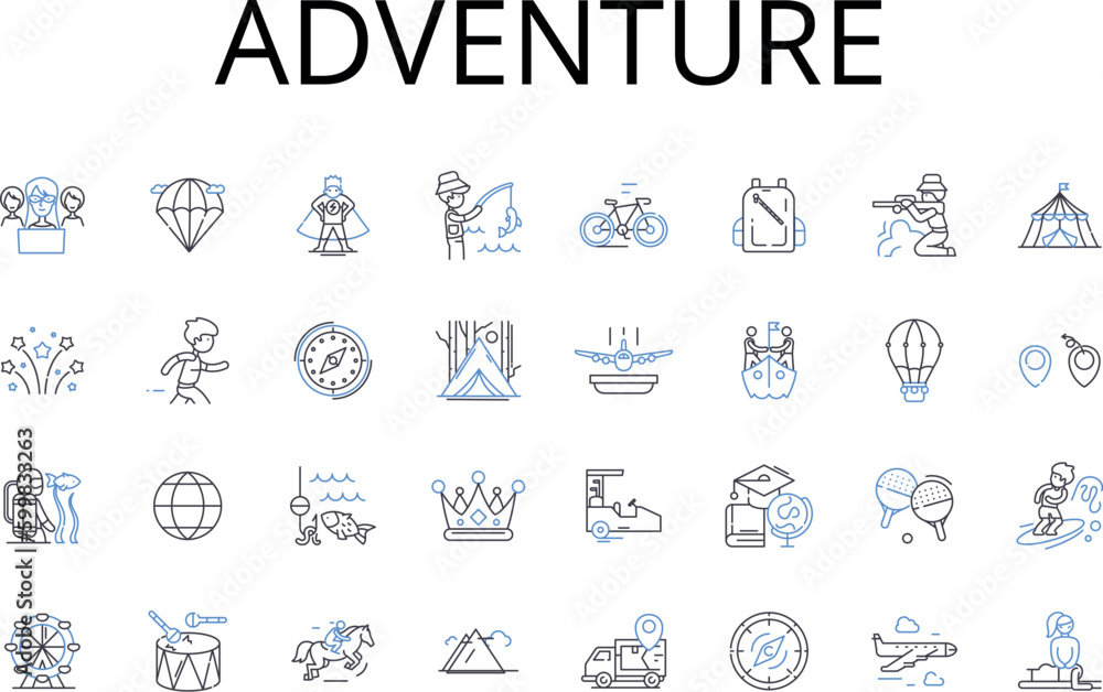 Adventure line icons collection. Journey, Quest, Exploration, Excursion, Expedition, Risk-taking, Daredevilry vector and linear illustration. Venture,Odyssey,Roaming outline signs set
