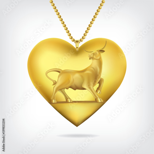 Golden ox in a heart-shaped necklace