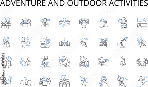 Adventure and outdoor activities line icons collection. Exploration, Discovery, Expedition, Venture, Quest, Hike, Trek vector and linear illustration. Camping,Backpacking,Mountaineering outline signs