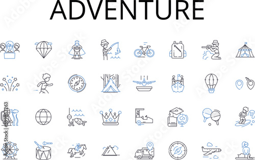 Adventure line icons collection. Journey, Quest, Exploration, Excursion, Expedition, Risk-taking, Daredevilry vector and linear illustration. Venture,Odyssey,Roaming outline signs set