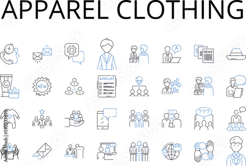 Apparel clothing line icons collection. Garments, Attire, Outfit, Dress, Clothes, Wearables, Threads vector and linear illustration. Fashions,Wardrobe,Getup outline signs set