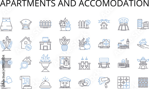Apartments and accomodation line icons collection. Skyline and horizon, Shelter and house, Building and structure, Property and estate, Residency and dwelling, Site and plot, Flat and unit vector and