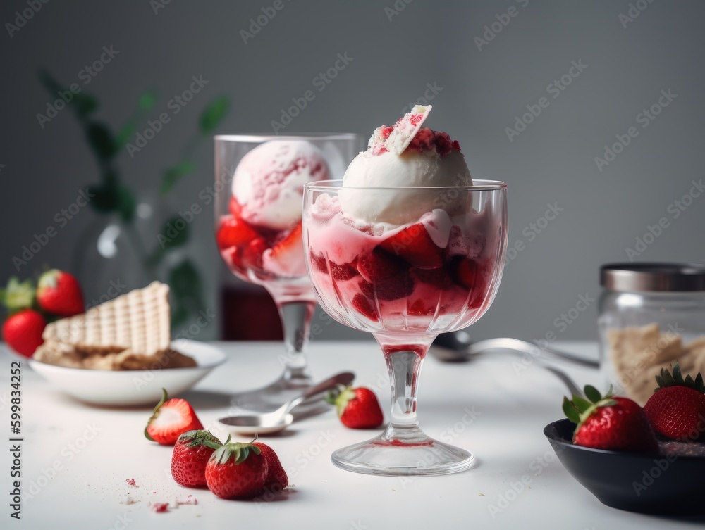 Ice cream sundae with strawberry sauce on white table. Generative AI Ice cream sundae with strawberry sauce on white table. Generative AI