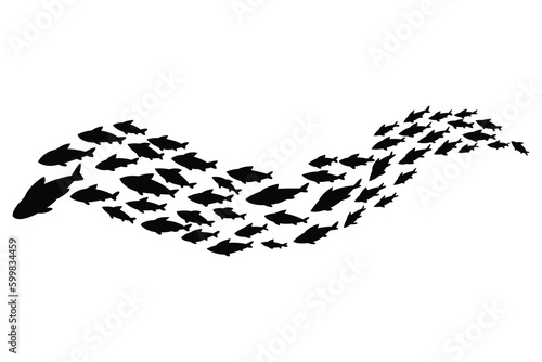Fish school or shoal, vector silhouette. Shoal of fishes isolated on white. Sea fishes group in ocean or marine water. Illustration of colony small fish