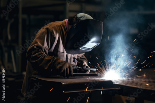 metal welding. Masked worker.