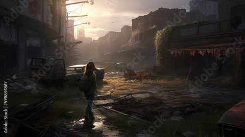 Concept art of post-apocalyptic and dystopian environment with the silhouette of a lonely person isolated