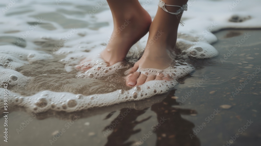 extreme close-up of beautiful feet of a woman walking in water at the beach - ai-generated