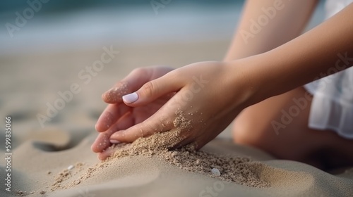 Extreme close-up of a beautiful hand of a woman, playing with sand at the beach - ai-generated