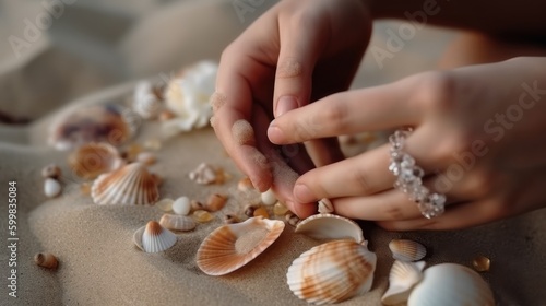 Extreme close-up of a beautiful hand of a woman, playing with little seashells in the sand - ai-generated