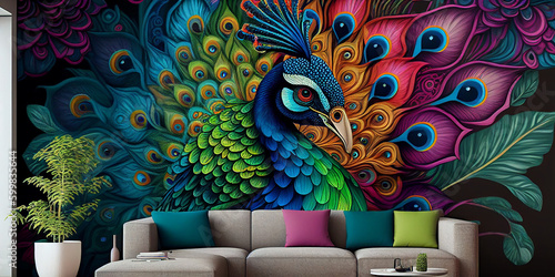 Fototapeta Naklejka Na Ścianę i Meble -  colorful peacock wallpaper. colorful mural background. Generative AI