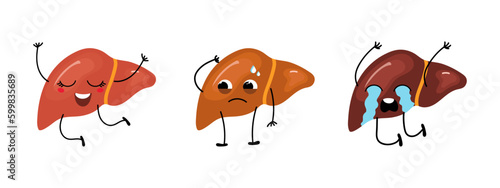 Stages of liver damage in cartoon style. Emotions of the liver, a human organ. Healthy and diseased liver. Vector illustration of cute organ with white isolated background.