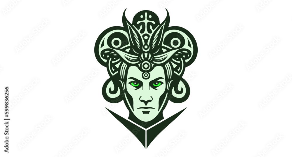 Vector simple graphic female portrait with an evil look, green eyes and a strange hairstyle. White isolated background. Logo, sticker or emblem.