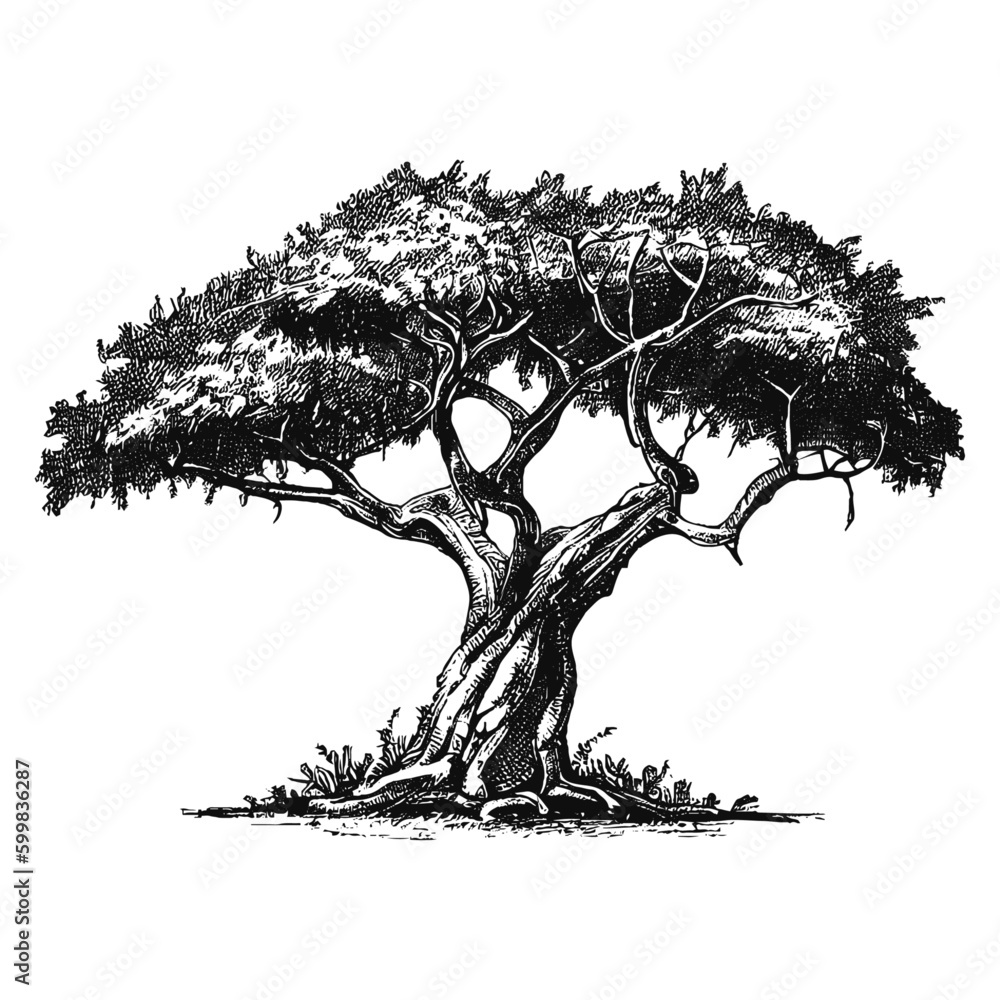acacia tree vector sketch, detailed acacia illustration Stock Vector