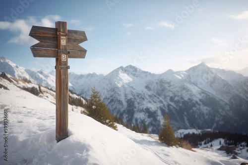 wooden signpost on a snowy mountain peak. generative AI