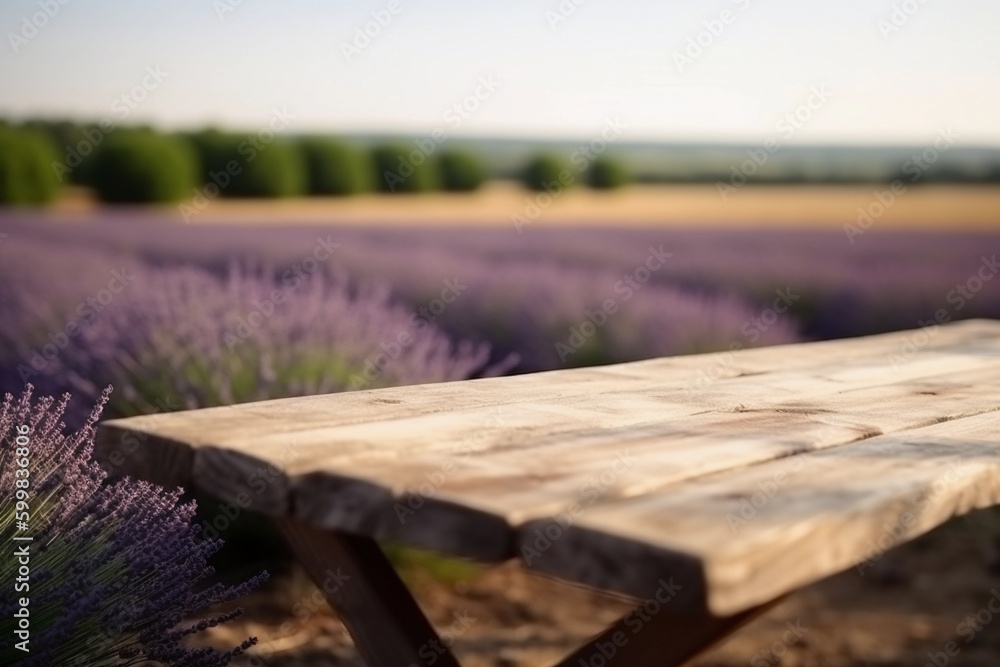 wooden table in a lavender field blurred background. generative AI wooden table in a lavender field blurred background. generative AI