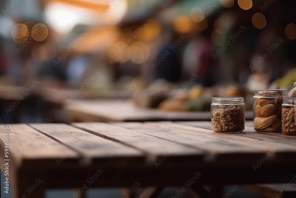 wooden table in a lively farmer's market. generative AI wooden table in a lively farmer's market. generative AI
