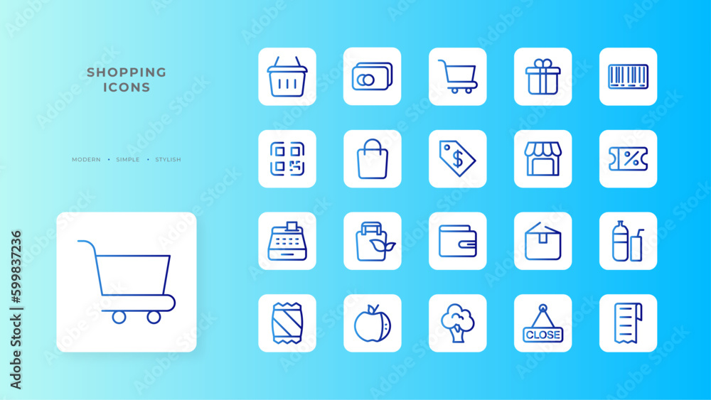 Shopping icon collection with blue gradient outline style. texture, abstract, label, stroke, beauty, headline, acrylic. Vector Illustration Shopping icon collection with blue gradient outline style. texture, abstract, label, stroke, beauty, headline, acrylic. Vector Illustration
