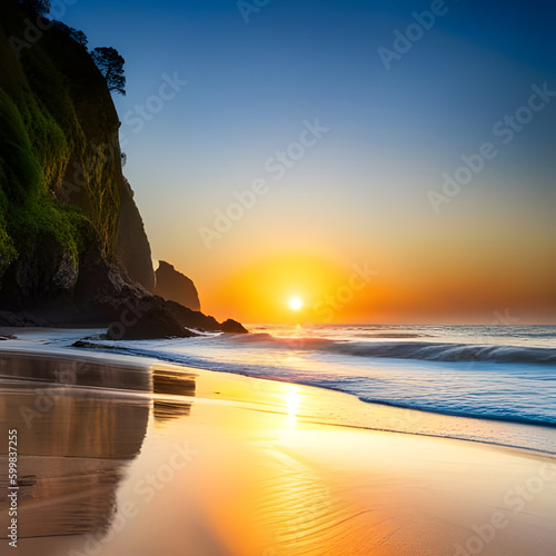 Sunrise beach summer picture. Generative AI.