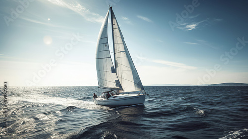 A sail boat on the open sea against a sunny blue sky. A.I. generated.

