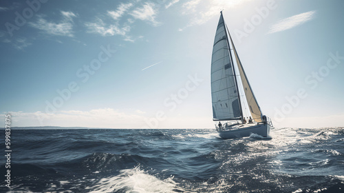 A sail boat on the open sea against a sunny blue sky. A.I. generated. 