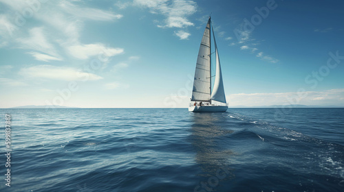 A sail boat on the open sea against a sunny blue sky. A.I. generated. 