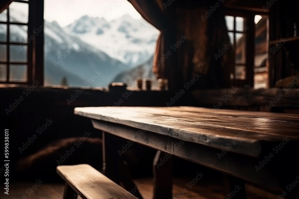 table in cozy mountain cabin blurred background. generative AI table in cozy mountain cabin blurred background. generative AI
