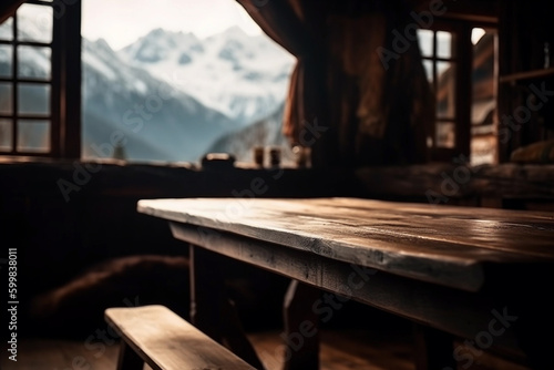 table in cozy mountain cabin blurred background. generative AI