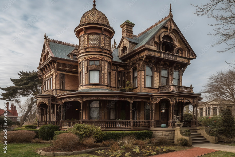 Victorian-era mansion featuring intricate woodwork. generative AI
