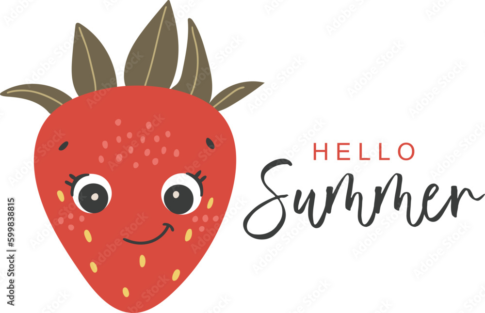 Cute strawberry fruit vector, Fruit with face, Happy strawberry vector, Summer fruit with eyes, Kids funny illustration