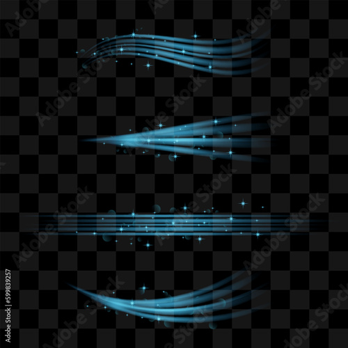 Vector Blue Fresh Air Effect Set on Checkered Background. Water Transparent Flow. Glow Swirl Light.
