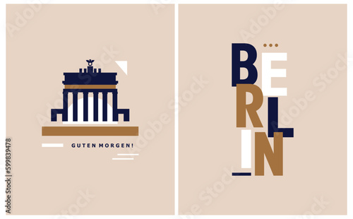 Simple Abstract Vector Illustration with Gold, White and Dark Royal Blue "Berlin" and Faumous Brandenburg Gate on a Dusty Beige Background. Modern Cityscape of Berlin ideal for Poster, Wall Art.
