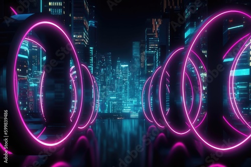 Purple light and circular moving rings and light tunnels and cityscapes with generative AI