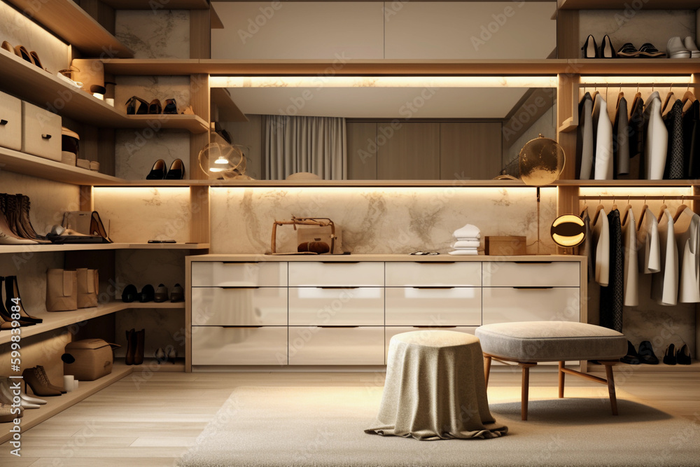 luxurious walk-in closet with a wooden table. generative AI luxurious walk-in closet with a wooden table. generative AI