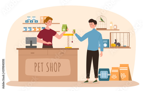 Pet shop concept. Man buys food for animals. Young guy in market with rabbit, parrot and pet products. Seller and buyer at checkout with goods. Cartoon flat vector illustration