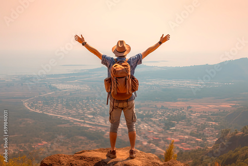 Happy tourist with backpack enjoying freedom raising arms up. Generative AI