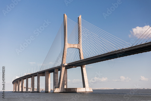 The Vasco da Gama Bridge in Lisbon, Portugal. Cable-stayed bridge. Tagus river. 