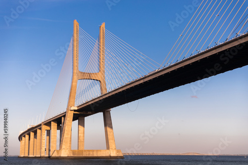 The Vasco da Gama Bridge in Lisbon, Portugal. Cable-stayed bridge. Tagus river. 