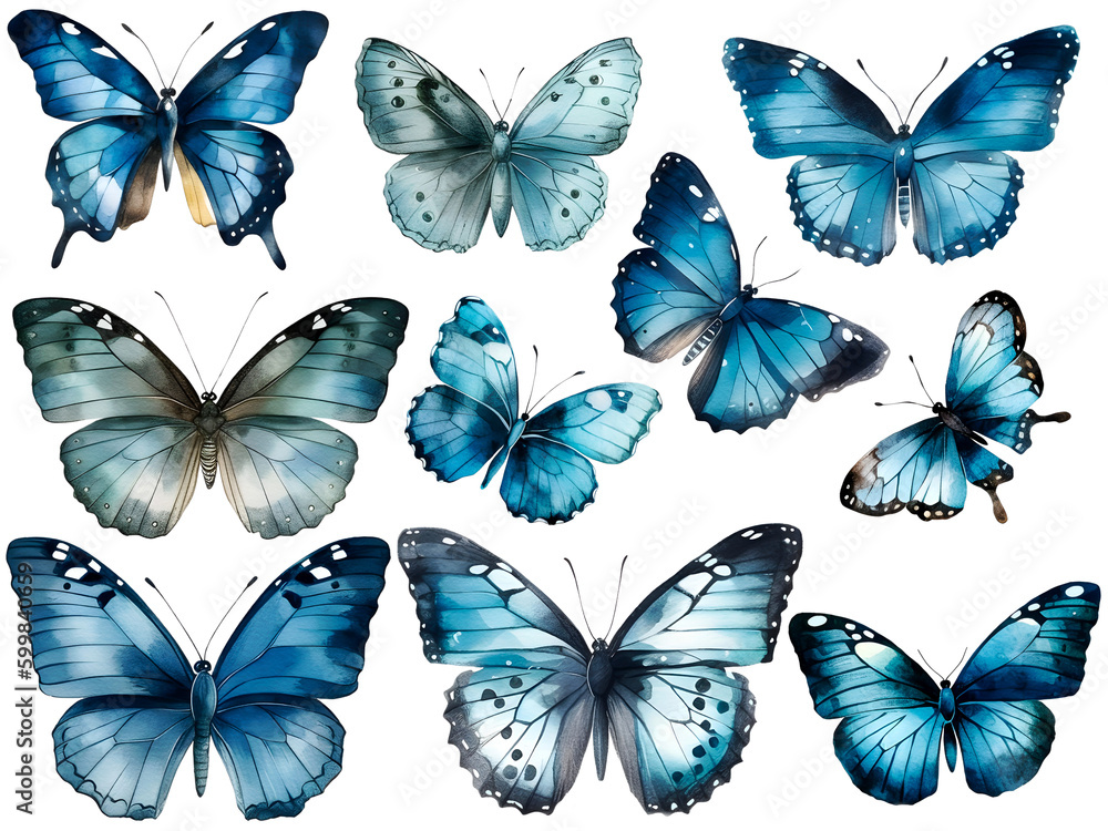 Blue watercolor butterfly cliparts, isolated, transparent background, created with Generative AI technology Blue watercolor butterfly cliparts, isolated, transparent background, created with Generative AI technology