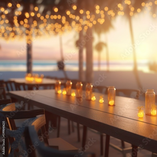 Dinner at the sea, sunset, generative ai