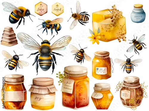 Watercolor bee and honey cliparts, isolated, transparent background, created with Generative AI technology