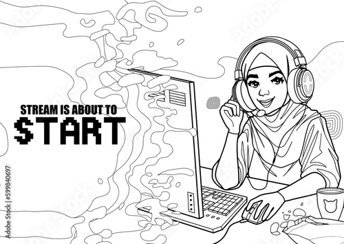 Muslim girl gamer or streamer in a hijab and a headset sits at a computer