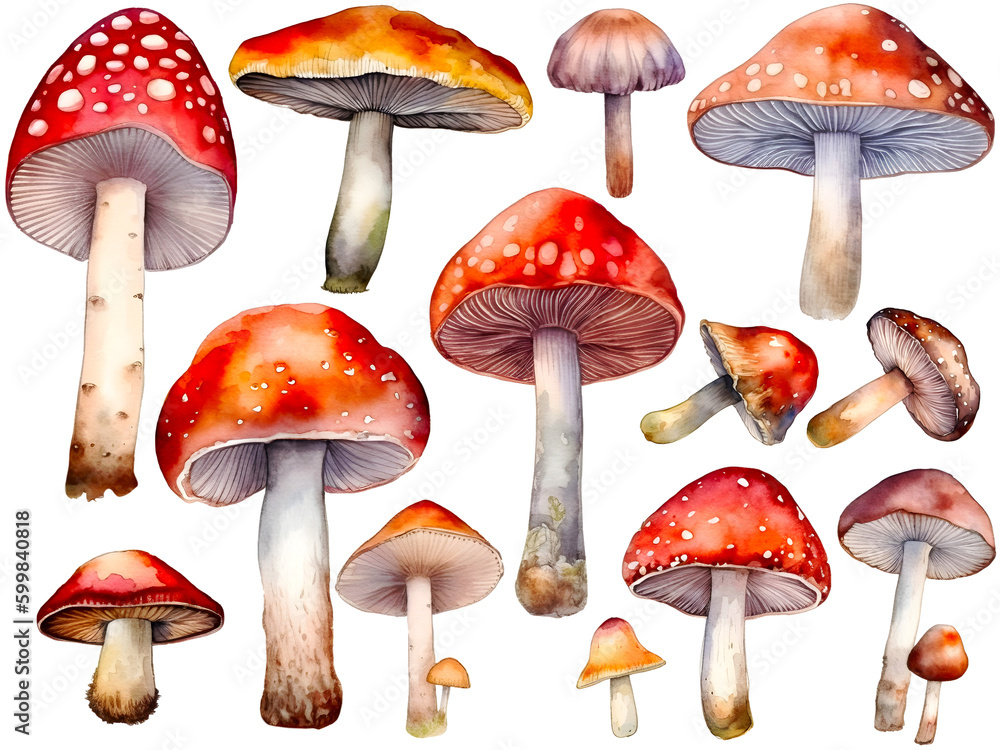 Watercolor mushroom cliparts, isolated, transparent background, created with Generative AI technology Watercolor mushroom cliparts, isolated, transparent background, created with Generative AI technology