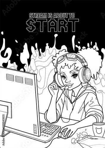 African girl gamer or streamer in a hijab and a headset sits at a computer