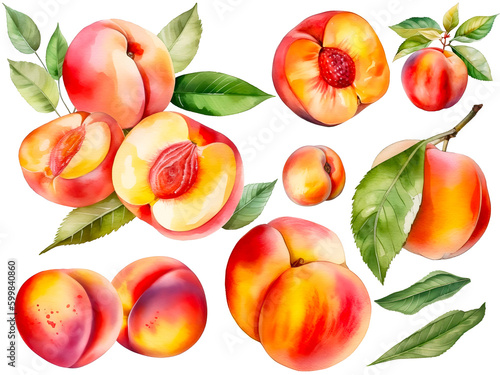Watercolor peach cliparts, isolated, transparent background, created with Generative AI technology