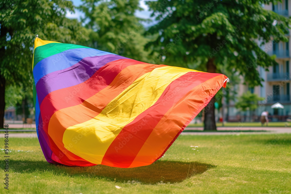 The rainbow flag in a city park