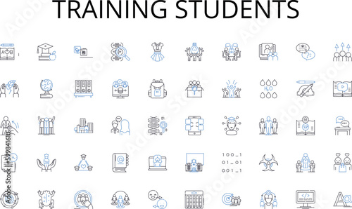 Training students line icons collection. Analytics, Statistics, Metrics, Visualization, Insights, Trends, Forecasting vector and linear illustration. Correlation,Regression,Interpretation outline