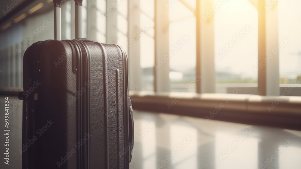 Travel suitcase with airport defocused background. Generative AI